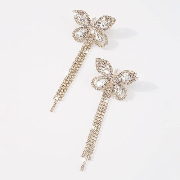 Butterfly Chandelier Pave Rhinestone CZ Crystal Gold Earrings Butterflies New - Picture 2 of 5